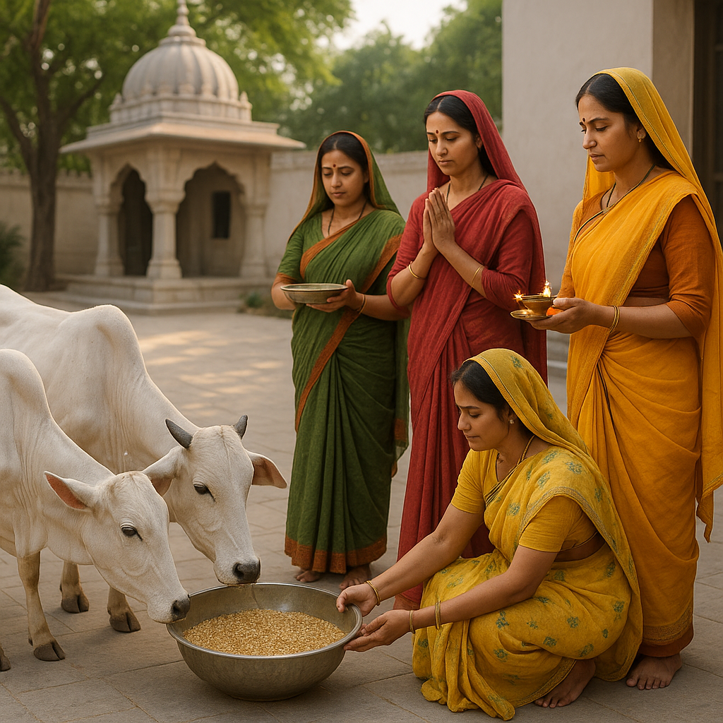 Indian women feeding cows in a goshala