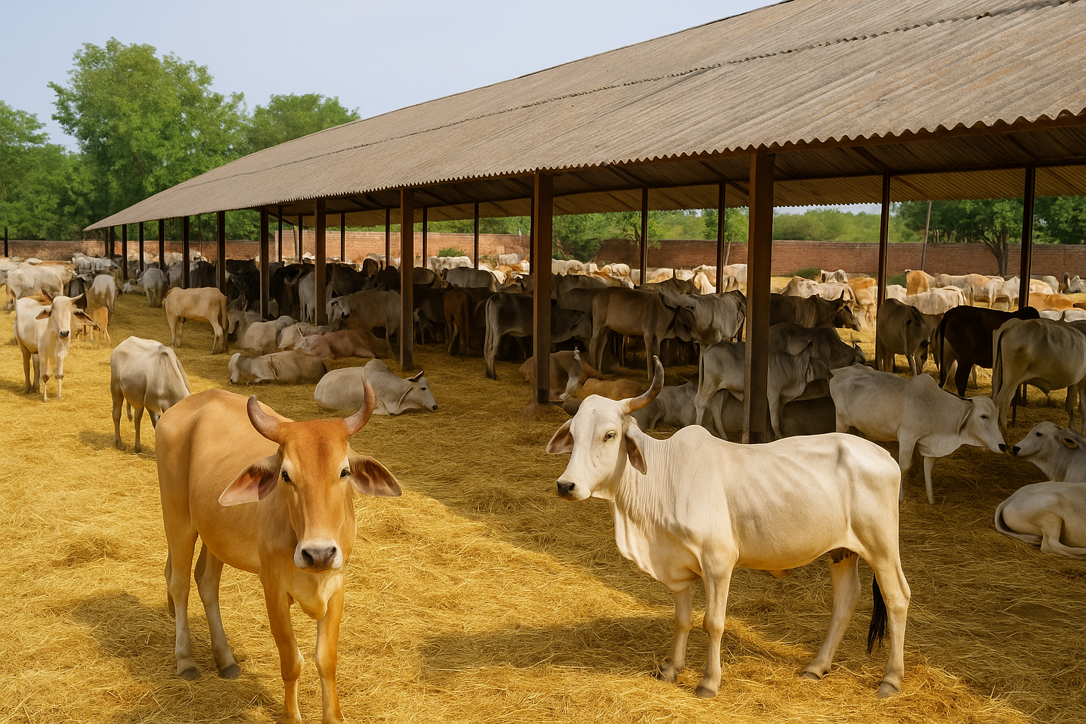 Cows in a goshala under tin shed